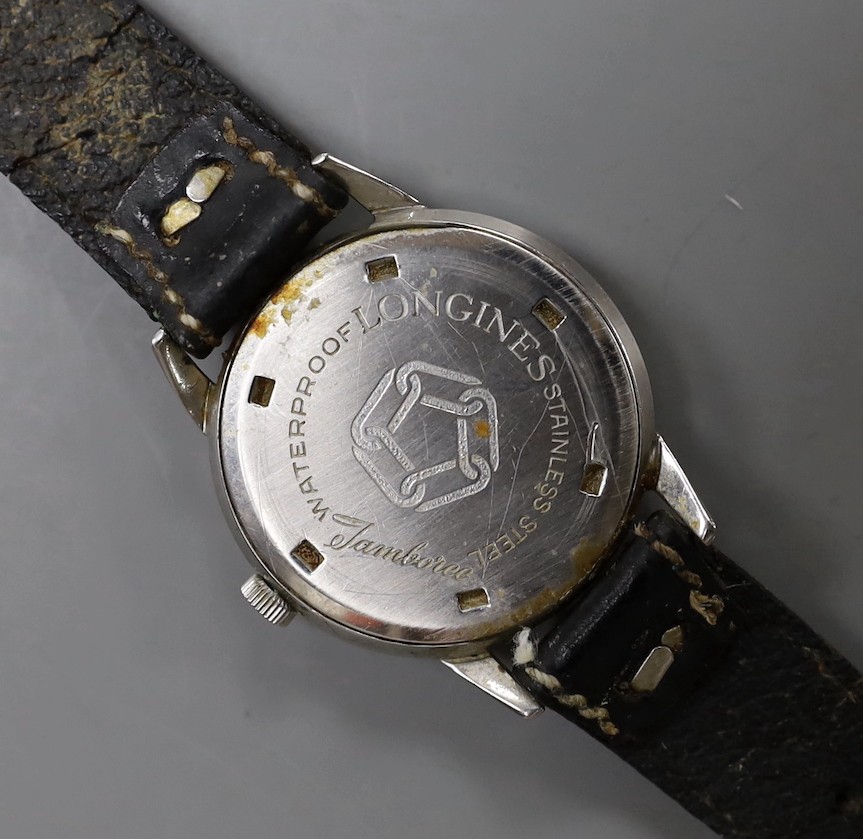 A gentleman's stainless steel Longines Jamboree manual wind wrist watch, on a later leather strap.